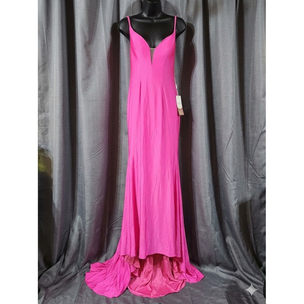 Stacees Fuchsia Pink V-Neck Mermaid Gown Ruched Back Train US 6 SM0310152496